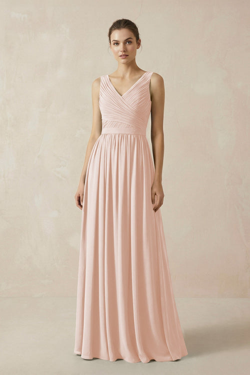 A-Line V-Neck Pleated Chiffon Bridesmaid Dress in Pale Blush - KISS BRIDAL BRIDESMAID DRESSES