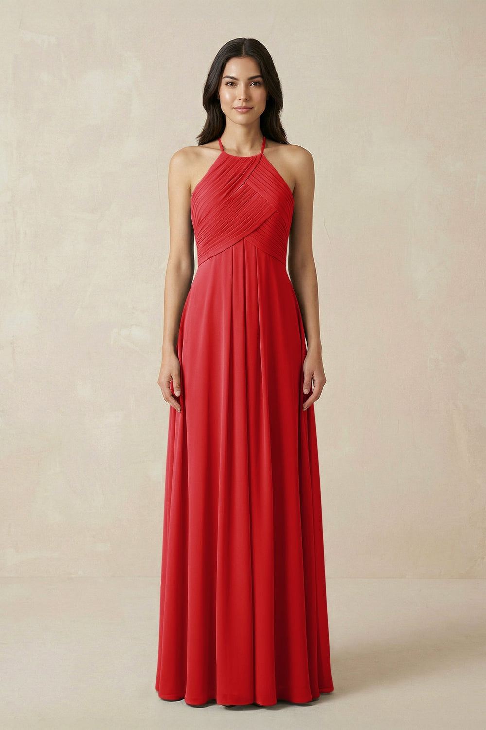 A-Line Halter Neck Pleated Chiffon Bridesmaid Dress in Ruby Red