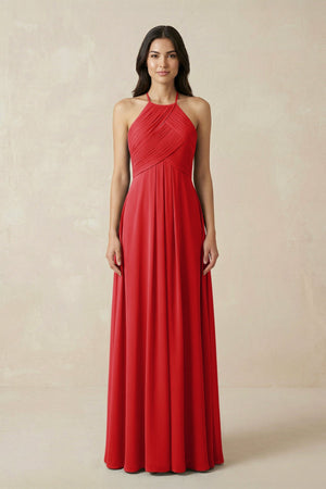 A-Line Halter Neck Pleated Chiffon Bridesmaid Dress in Ruby Red - KISS BRIDAL BRIDESMAID DRESSES