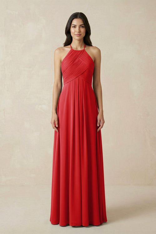 A-Line Halter Neck Pleated Chiffon Bridesmaid Dress in Ruby Red - KISS BRIDAL BRIDESMAID DRESSES