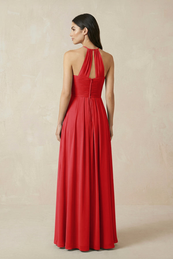 A-Line Halter Neck Pleated Chiffon Bridesmaid Dress in Ruby Red - KISS BRIDAL BRIDESMAID DRESSES