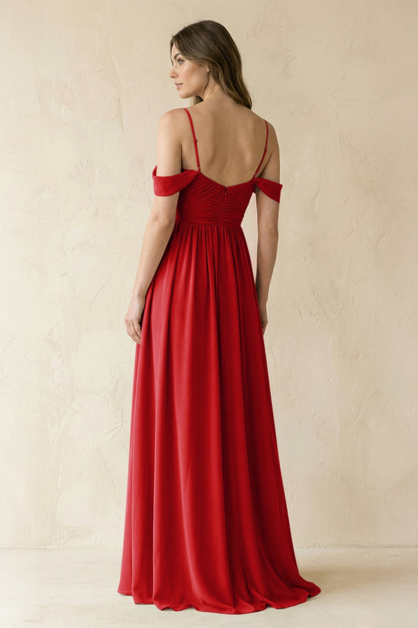 A-Line Off-the-Shoulder Pleated Chiffon Bridesmaid Dress in Ruby Red - KISS BRIDAL BRIDESMAID DRESSES