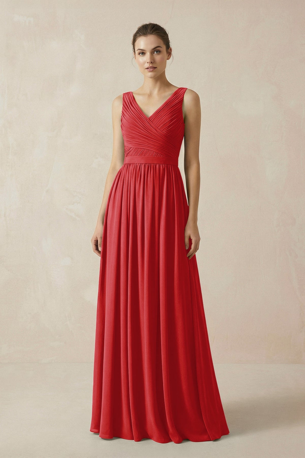 A-Line V-Neck Pleated Chiffon Bridesmaid Dress in Ruby Red