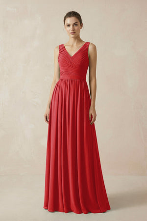 A-Line V-Neck Pleated Chiffon Bridesmaid Dress in Ruby Red - KISS BRIDAL BRIDESMAID DRESSES