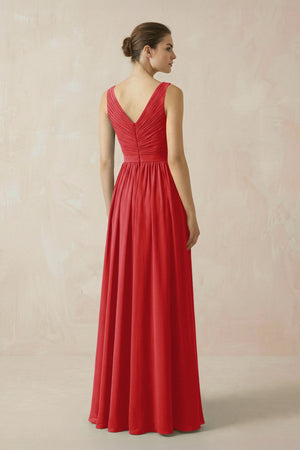 A-Line V-Neck Pleated Chiffon Bridesmaid Dress in Ruby Red - KISS BRIDAL BRIDESMAID DRESSES