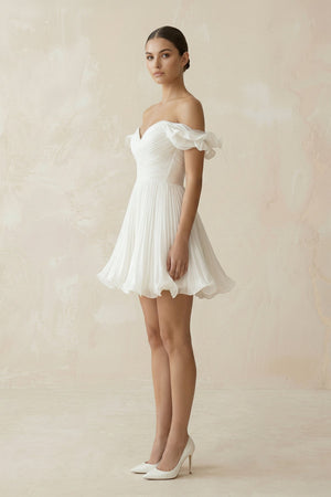 Pleated Ruffled Off - the - Shoulder A - Line Mini Wedding Dress in White - KISS BRIDAL Wedding Dresses