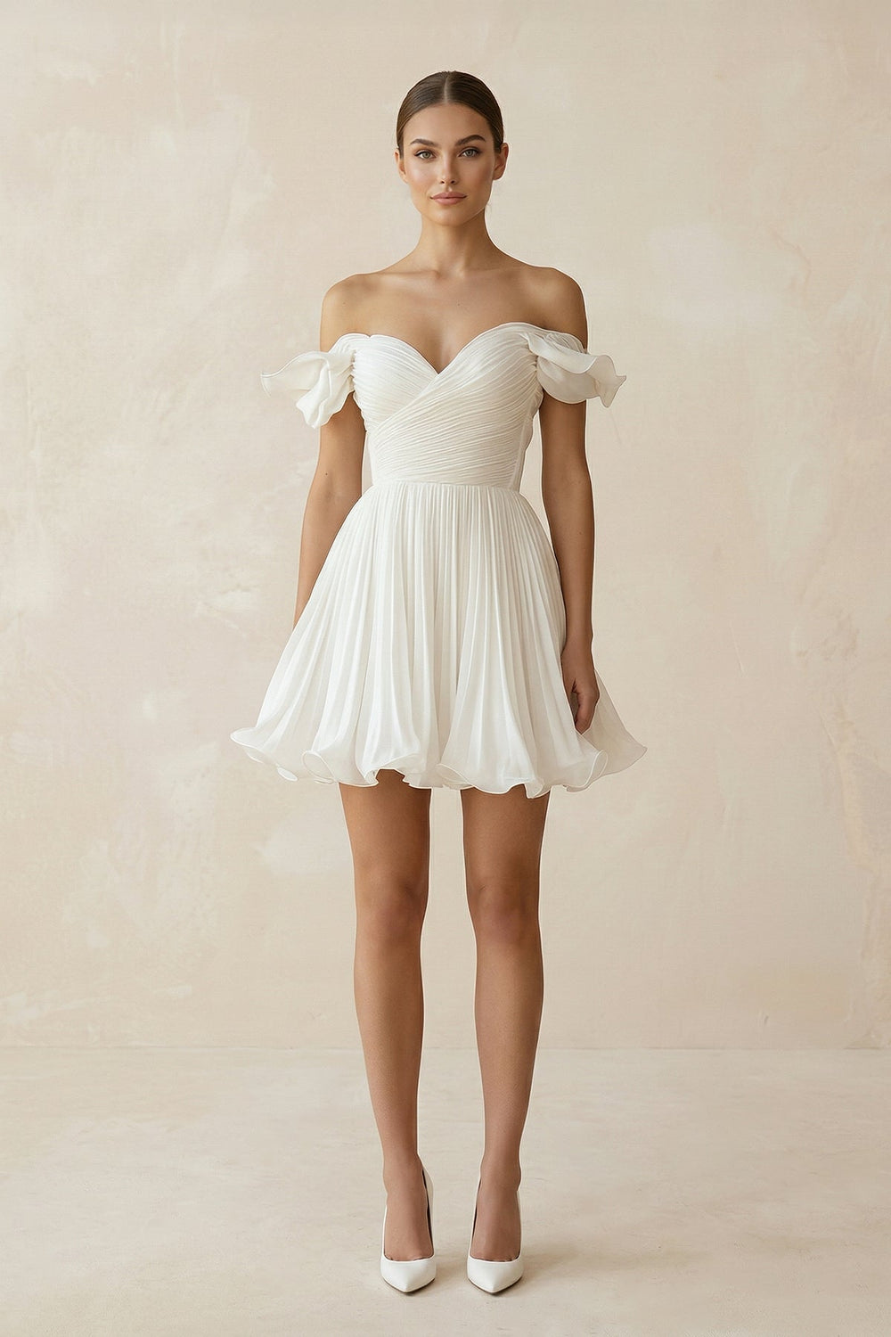 Pleated Ruffled Off-the-Shoulder A-Line Mini Wedding Dress in White