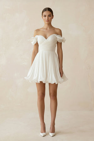 Pleated Ruffled Off - the - Shoulder A - Line Mini Wedding Dress in White - KISS BRIDAL Wedding Dresses