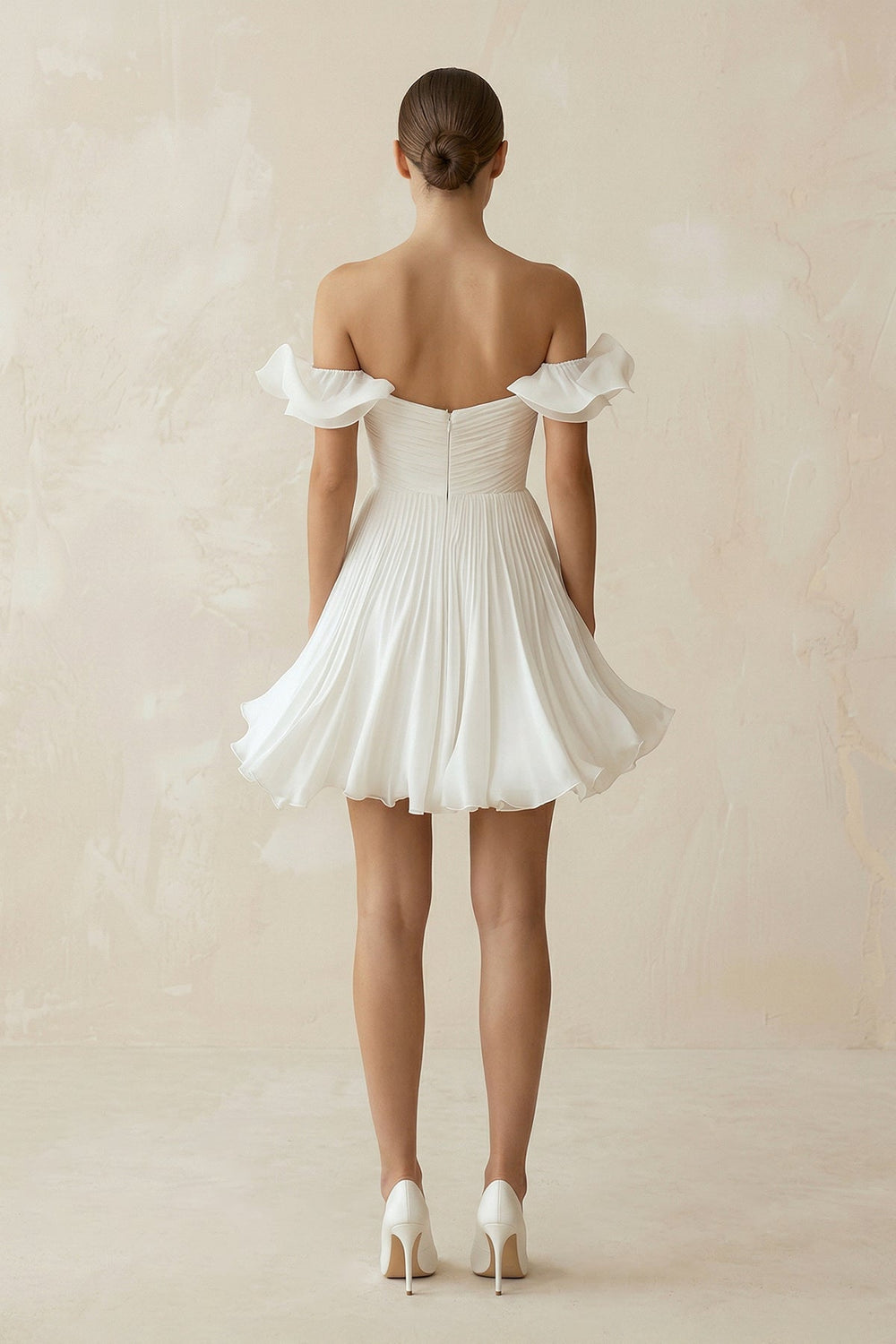 Pleated Ruffled Off-the-Shoulder A-Line Mini Wedding Dress in White