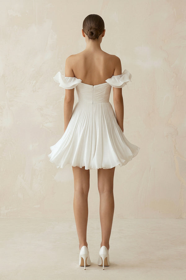 Pleated Ruffled Off - the - Shoulder A - Line Mini Wedding Dress in White - KISS BRIDAL Wedding Dresses