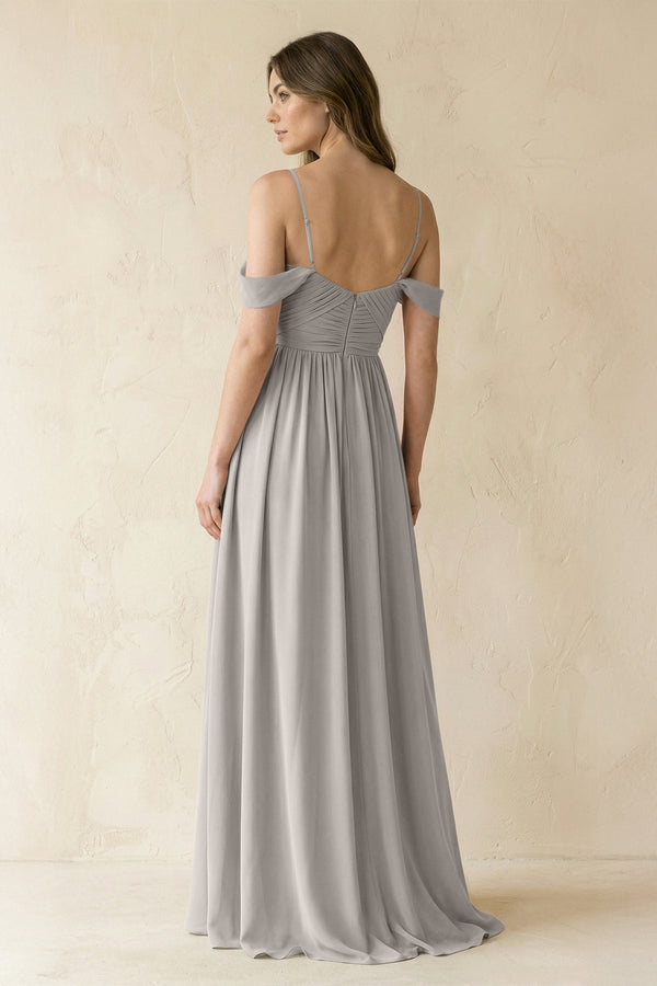 A-Line Off-the-Shoulder Pleated Chiffon Bridesmaid Dress in Silver - KISS BRIDAL BRIDESMAID DRESSES