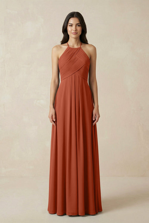 A-Line Halter Neck Pleated Chiffon Bridesmaid Dress in Spice - KISS BRIDAL BRIDESMAID DRESSES