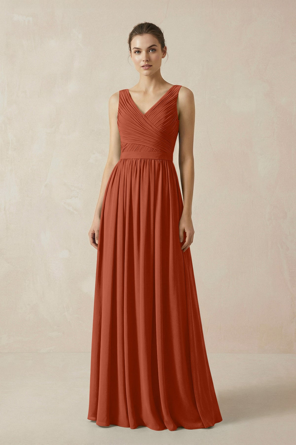 A-Line V-Neck Pleated Chiffon Bridesmaid Dress in Spice
