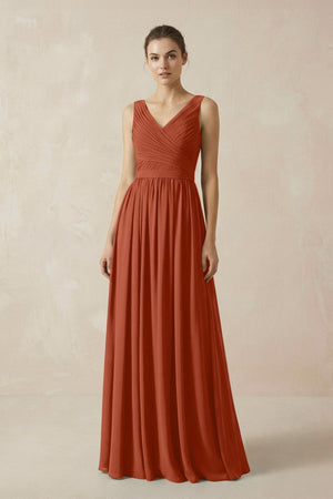 A-Line V-Neck Pleated Chiffon Bridesmaid Dress in Spice - KISS BRIDAL BRIDESMAID DRESSES