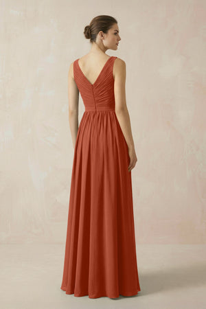 A-Line V-Neck Pleated Chiffon Bridesmaid Dress in Spice - KISS BRIDAL BRIDESMAID DRESSES