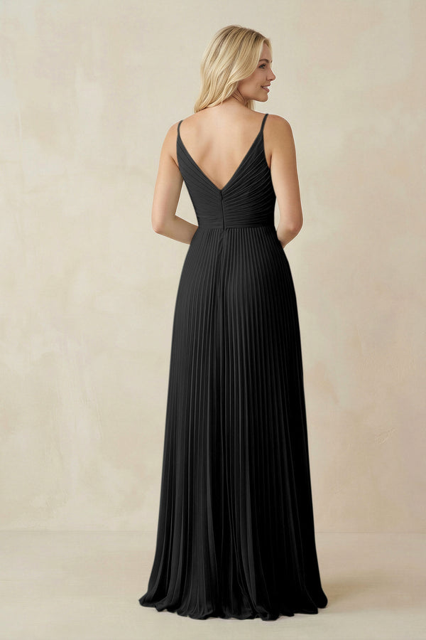 Pleated V - Neck A - Line Chiffon Bridesmaid Dress in Black - KISS BRIDAL Bridesmaid Dresses