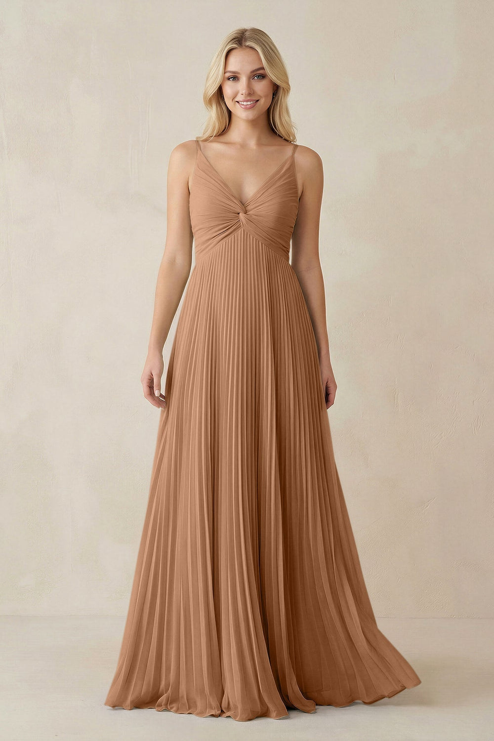 Pleated V-Neck A-Line Chiffon Bridesmaid Dress in Bronzer