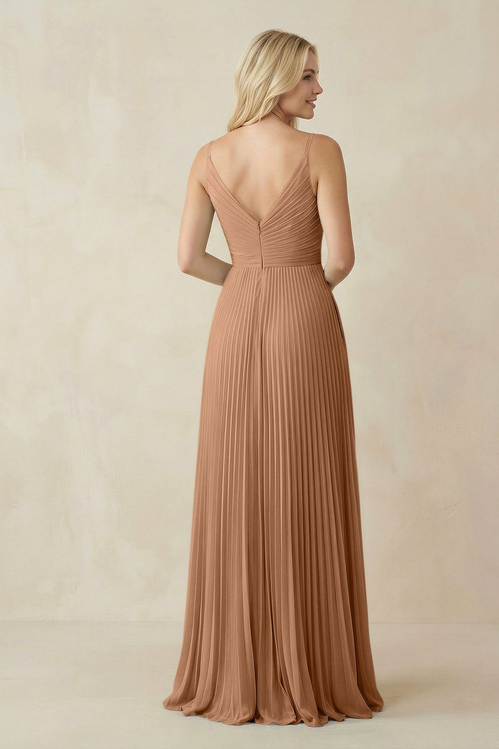Pleated V-Neck A-Line Chiffon Bridesmaid Dress in Bronzer