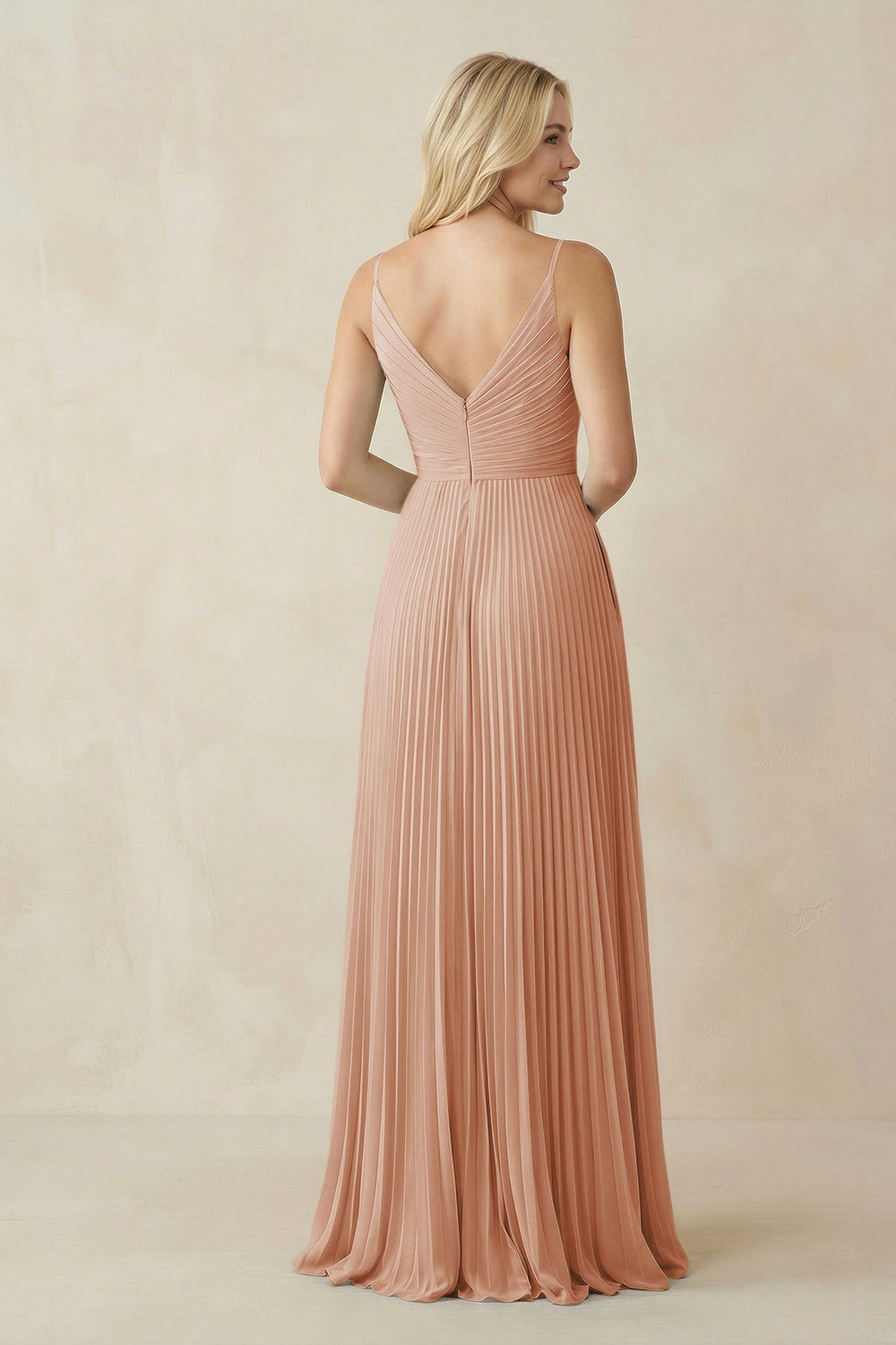 Pleated V-Neck A-Line Chiffon Bridesmaid Dress in Champagne Rose