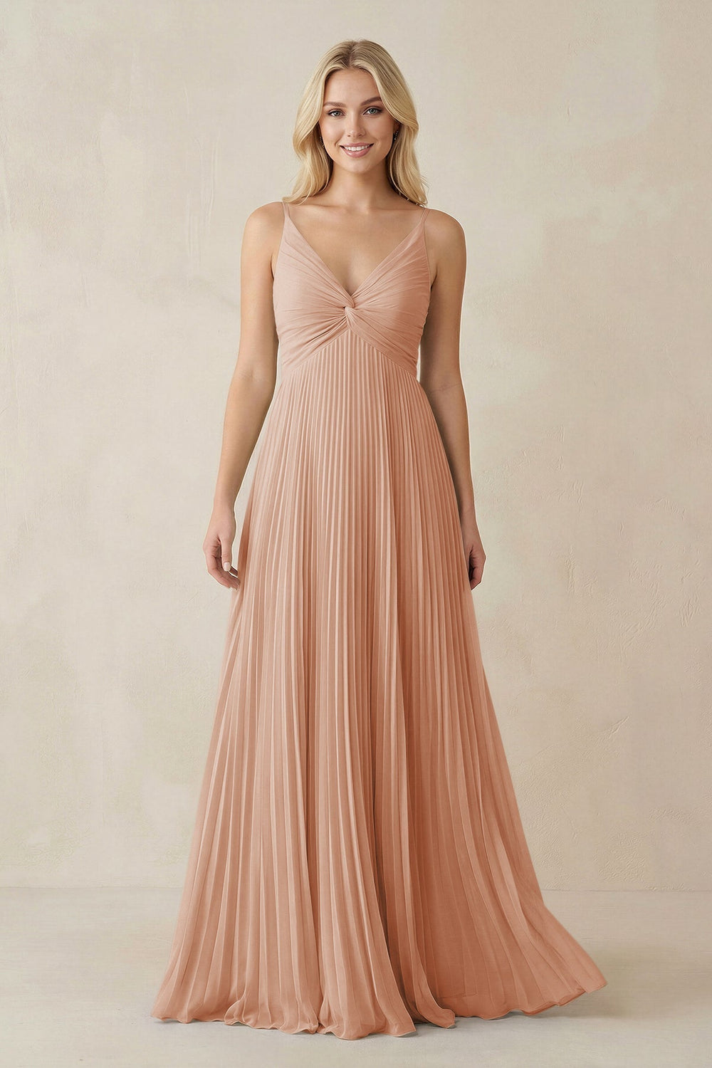 Pleated V-Neck A-Line Chiffon Bridesmaid Dress in Champagne Rose