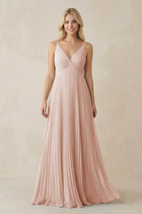 Pleated V - Neck A - Line Chiffon Bridesmaid Dress in Pale Blush - KISS BRIDAL Bridesmaid Dresses