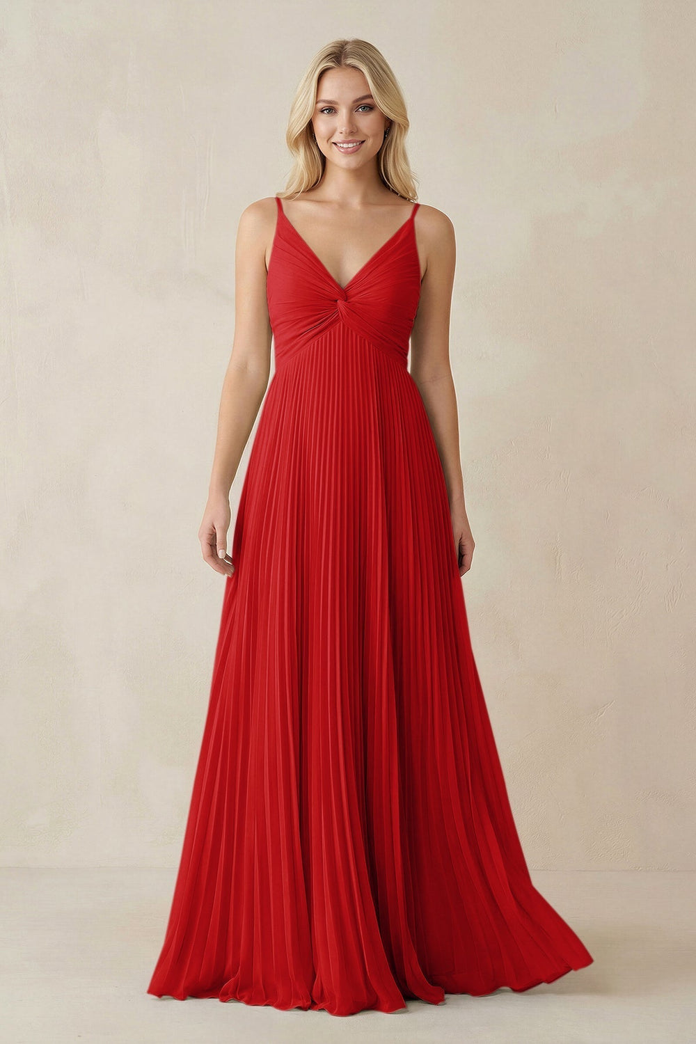 Pleated V-Neck A-Line Chiffon Bridesmaid Dress in Ruby Red