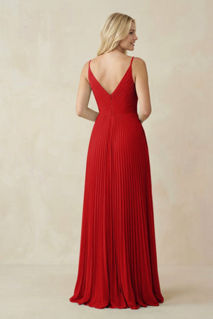 Pleated V - Neck A - Line Chiffon Bridesmaid Dress in Ruby Red - KISS BRIDAL Bridesmaid Dresses