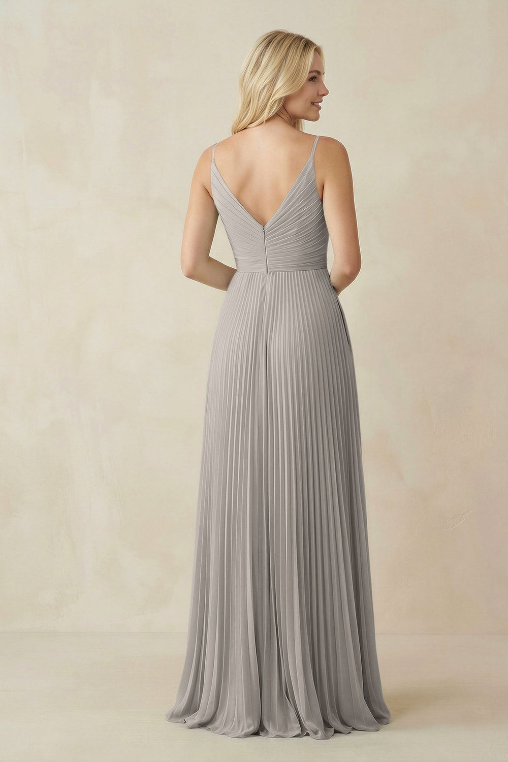 Pleated V-Neck A-Line Chiffon Bridesmaid Dress in Silver