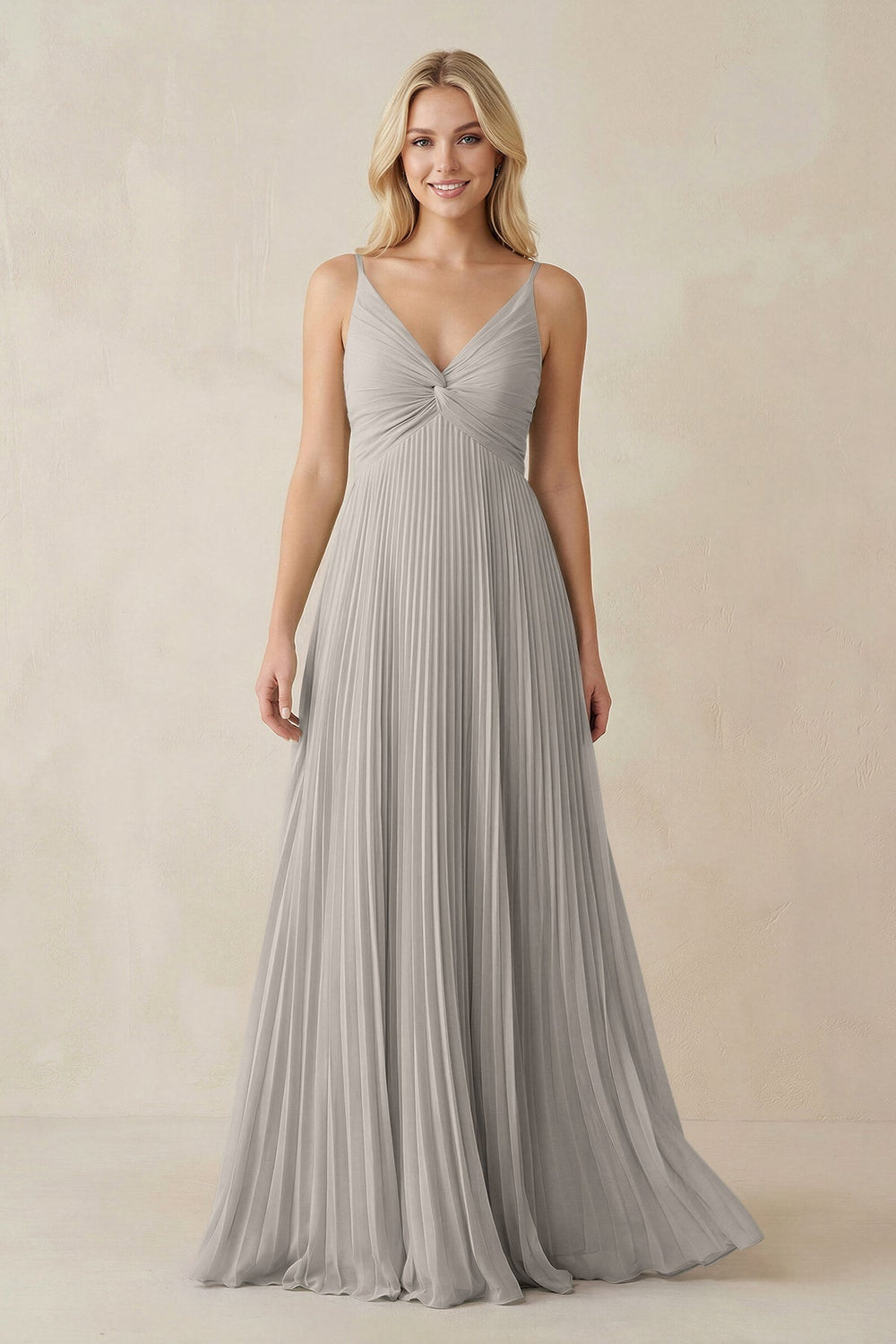 Pleated V-Neck A-Line Chiffon Bridesmaid Dress in Silver