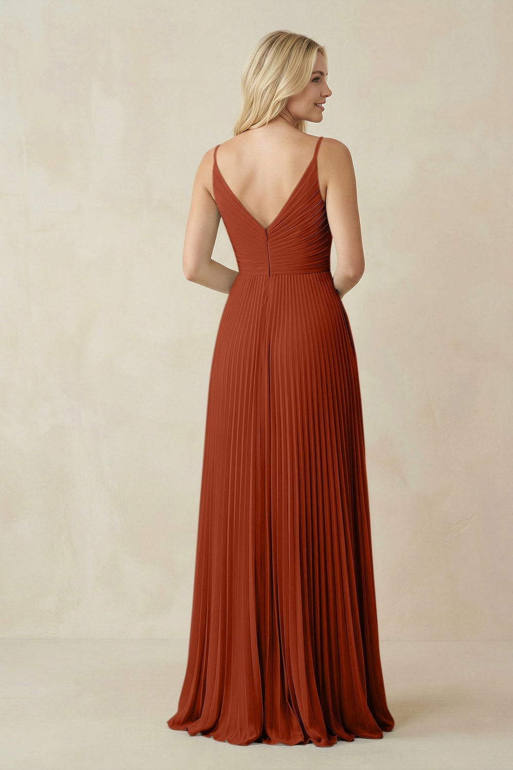 Pleated V-Neck A-Line Chiffon Bridesmaid Dress in Spice