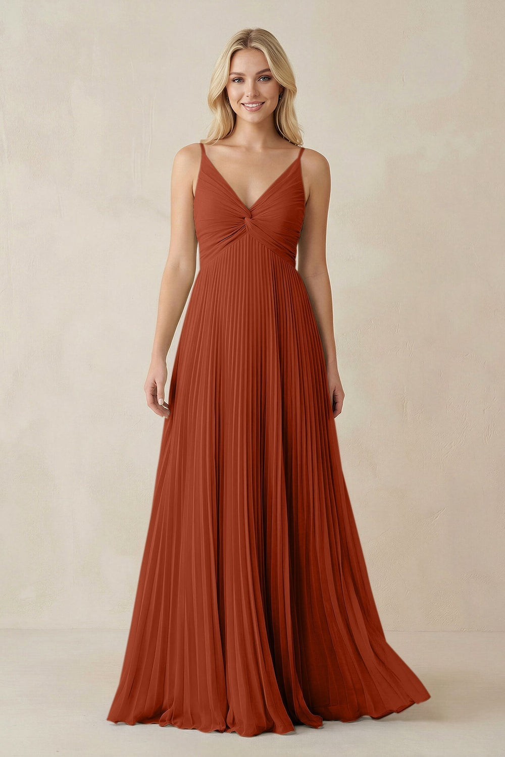 Pleated V-Neck A-Line Chiffon Bridesmaid Dress in Spice
