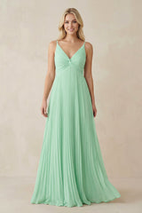 Pleated V-Neck A-Line Chiffon Bridesmaid Dress in Pale Pistachio - KISS BRIDAL BRIDESMAID DRESSES