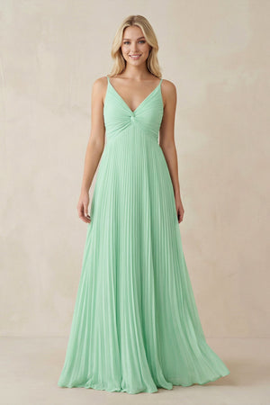 Pleated V-Neck A-Line Chiffon Bridesmaid Dress in Pale Pistachio - KISS BRIDAL BRIDESMAID DRESSES