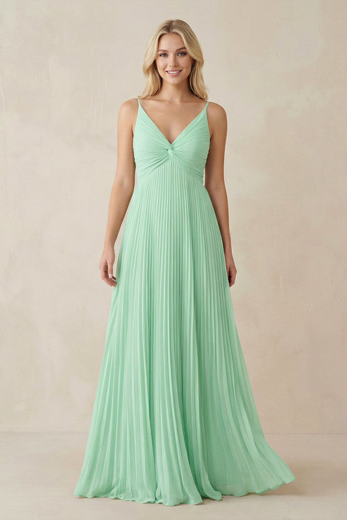 Pleated V-Neck A-Line Chiffon Bridesmaid Dress in Pale Pistachio - KISS BRIDAL BRIDESMAID DRESSES