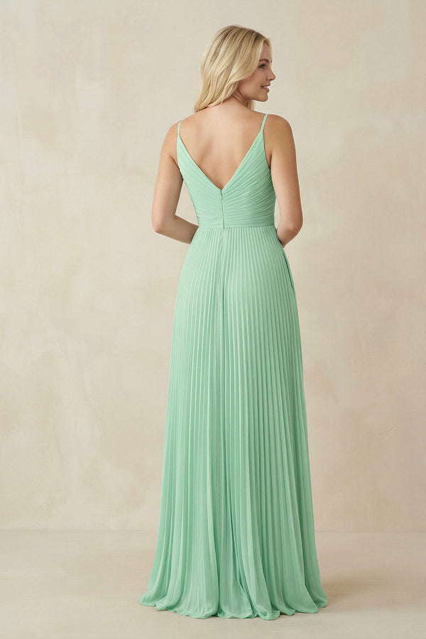 Pleated V-Neck A-Line Chiffon Bridesmaid Dress in Pale Pistachio - KISS BRIDAL BRIDESMAID DRESSES