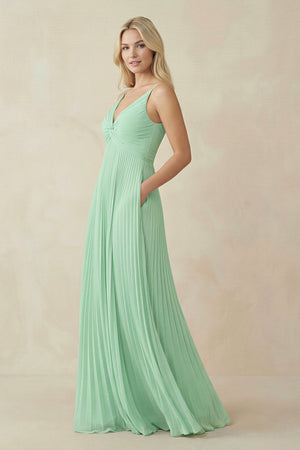 Pleated V-Neck A-Line Chiffon Bridesmaid Dress in Pale Pistachio - KISS BRIDAL BRIDESMAID DRESSES