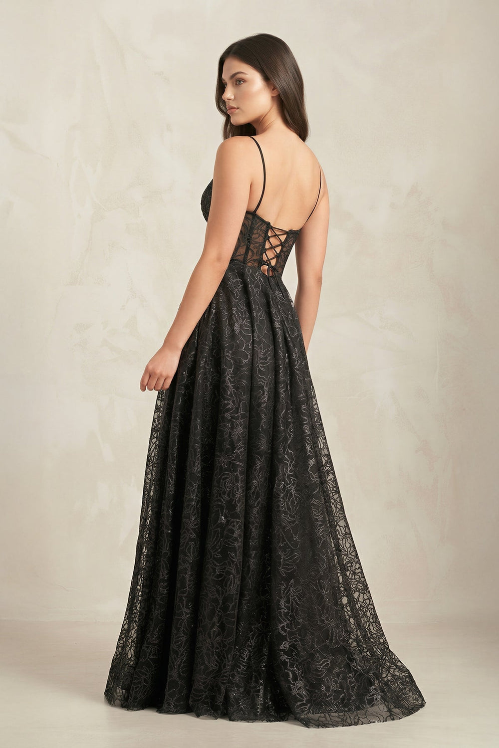 Plunge A-Line Lace Wedding Dress With Slit in Black