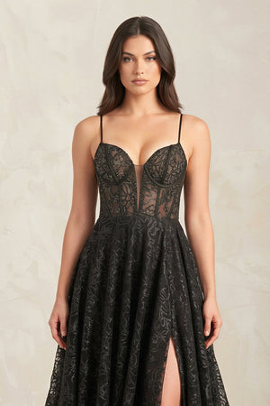 Plunge A - Line Lace Wedding Dress With Slit in Black - KISS BRIDAL Wedding Dresses