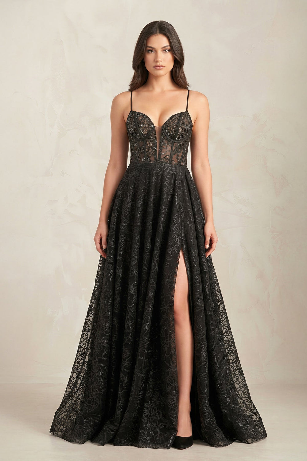 Plunge A-Line Lace Wedding Dress With Slit in Black