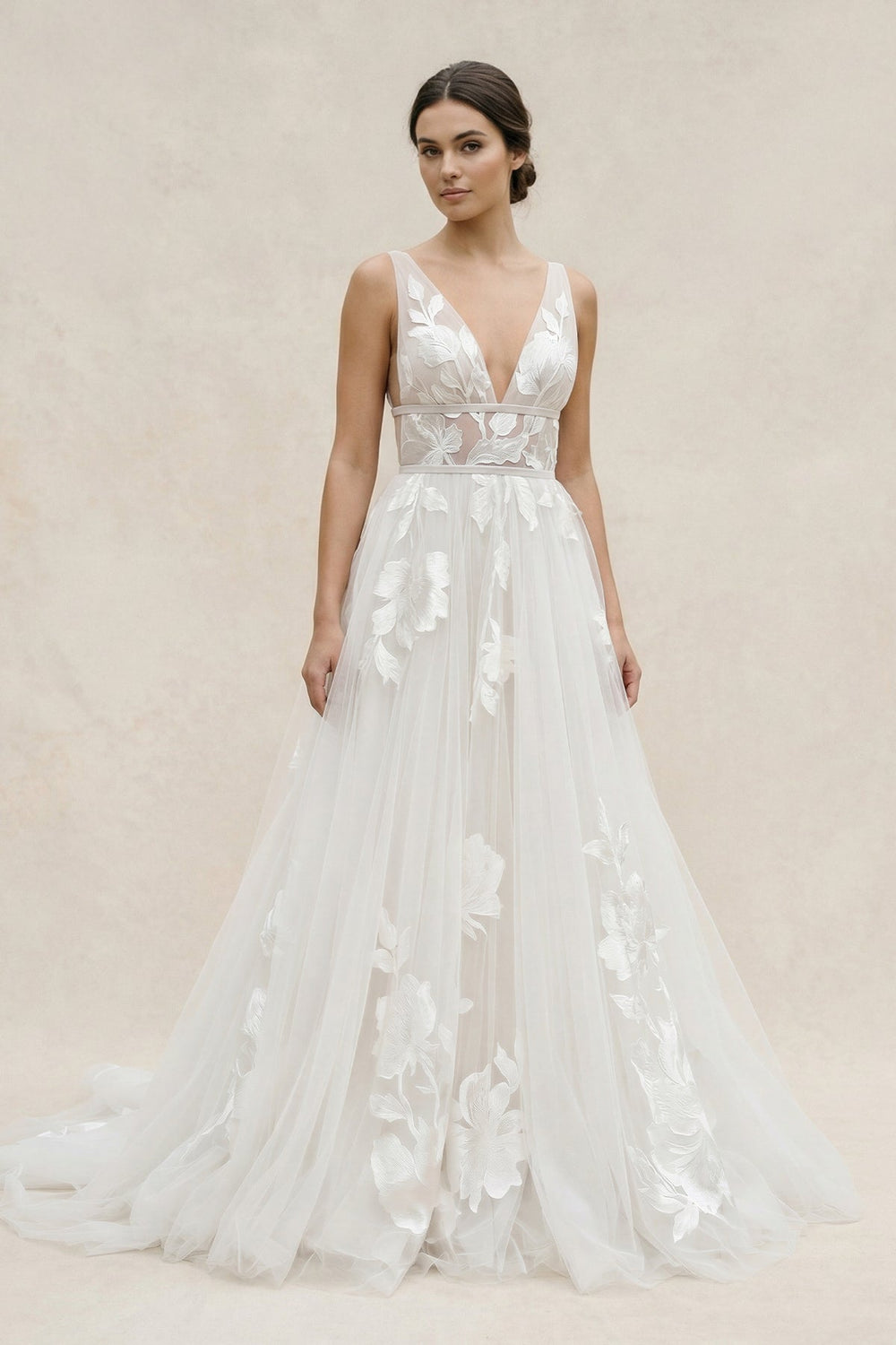 Plunge A-Line Tulle Appliqued Wedding Dress in Ivory