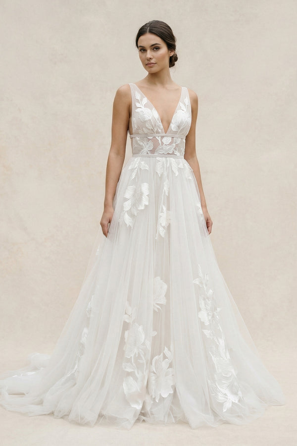 Plunge A - Line Tulle Appliqued Wedding Dress in Ivory - KISS BRIDAL Wedding Dresses