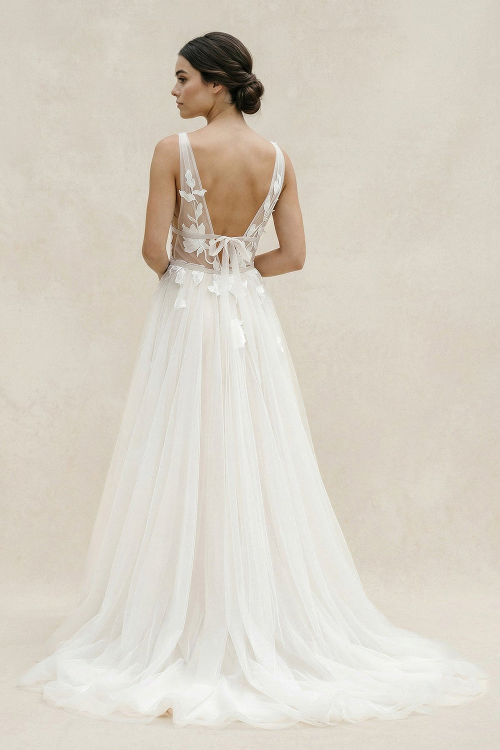 Plunge A-Line Tulle Appliqued Wedding Dress in Ivory