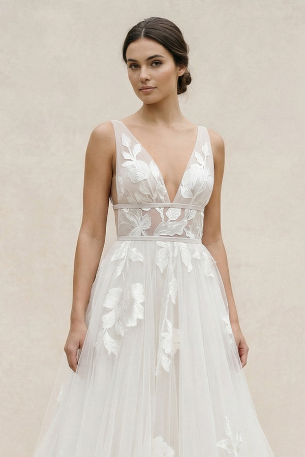 Plunge A - Line Tulle Appliqued Wedding Dress in Ivory - KISS BRIDAL Wedding Dresses