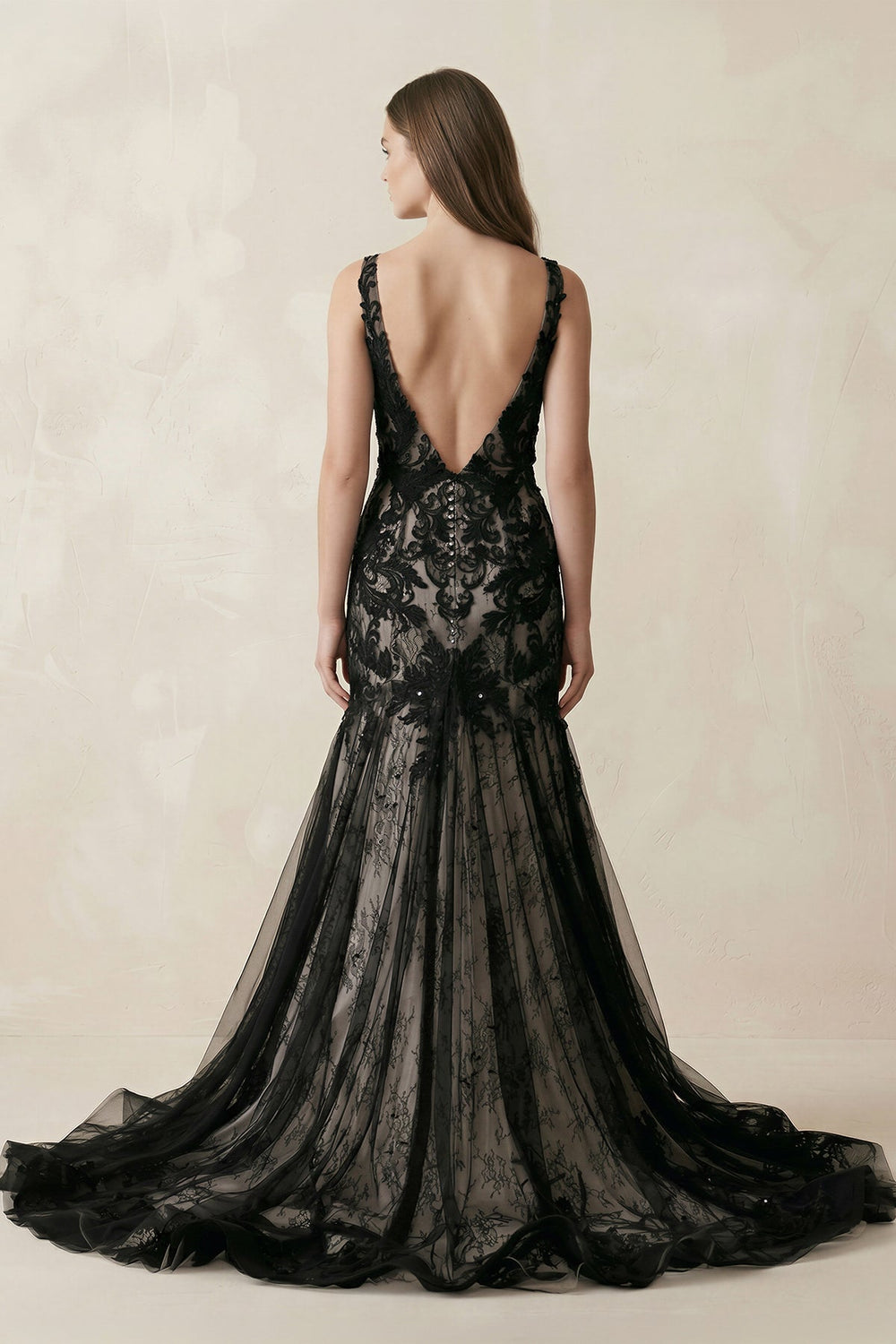 Plunge Tulle Appliqued Mermaid Wedding Dress With Open Back in Black