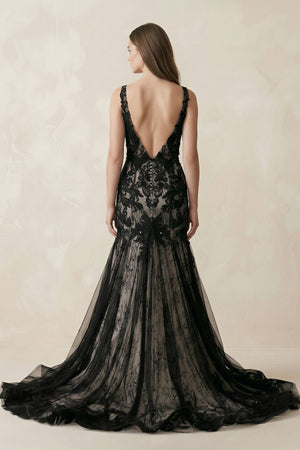 Plunge Tulle Appliqued Mermaid Wedding Dress With Open Back in Black - KISS BRIDAL Wedding Dresses