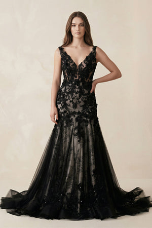 Plunge Tulle Appliqued Mermaid Wedding Dress With Open Back in Black - KISS BRIDAL Wedding Dresses