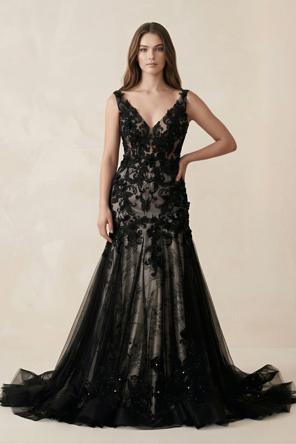 Plunge Tulle Appliqued Mermaid Wedding Dress With Open Back in Black - KISS BRIDAL Wedding Dresses