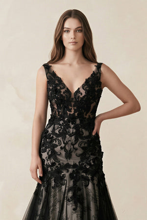 Plunge Tulle Appliqued Mermaid Wedding Dress With Open Back in Black - KISS BRIDAL Wedding Dresses