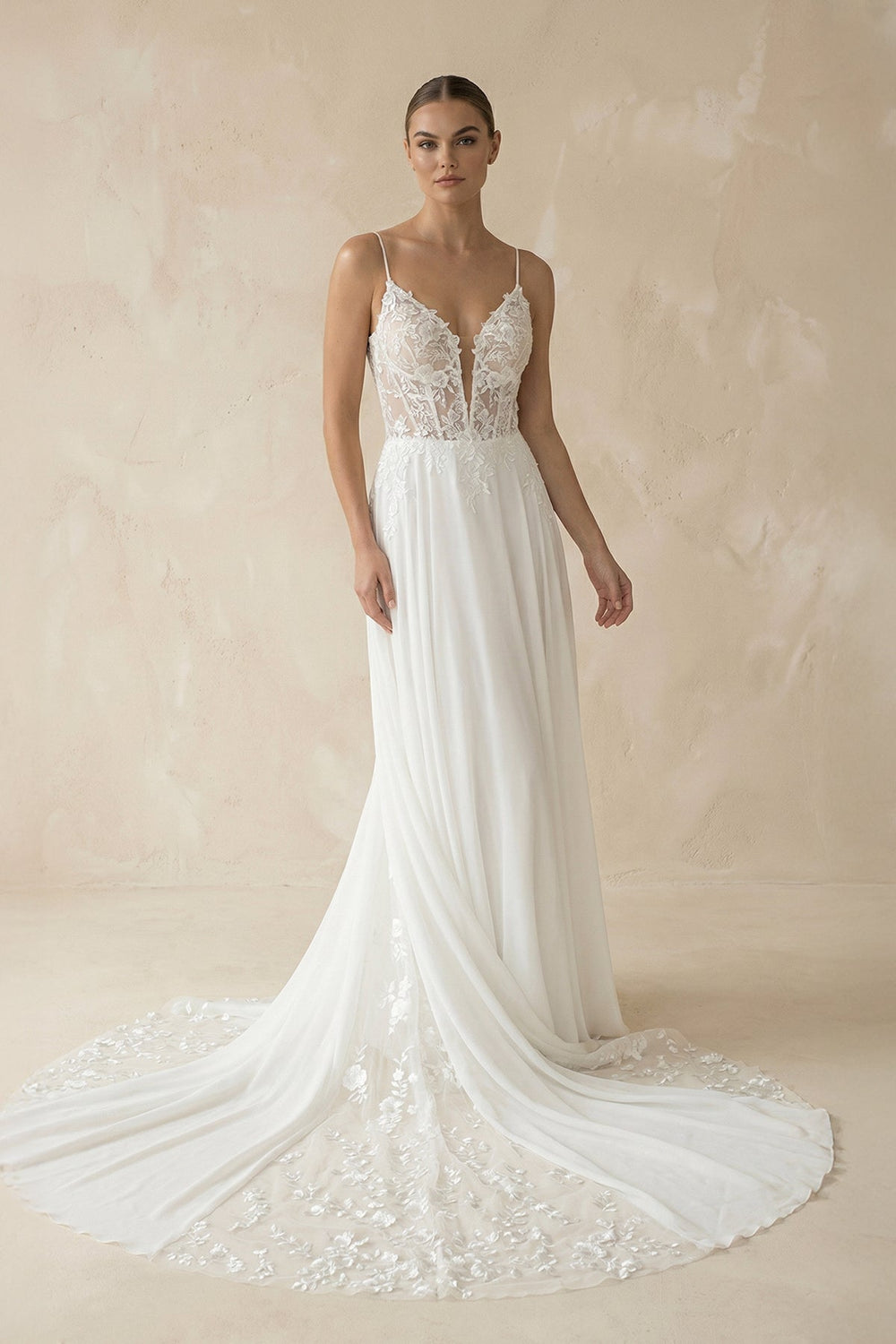Plunging Sheath Chiffon Appliqued Wedding Dress in White