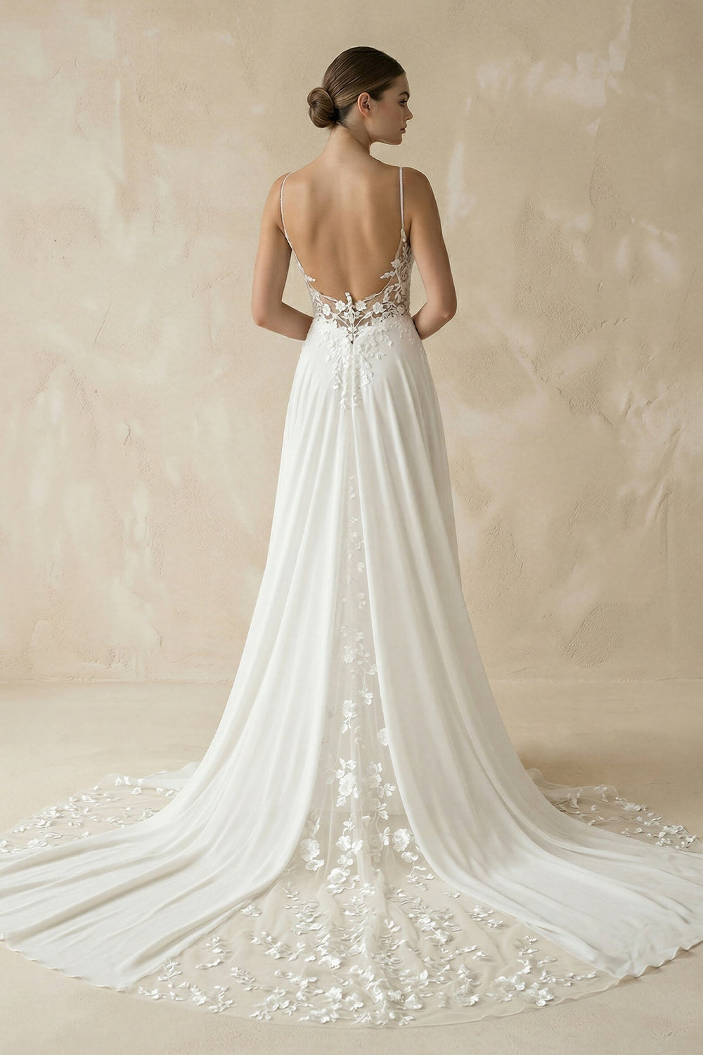 Plunging Sheath Chiffon Appliqued Wedding Dress in White